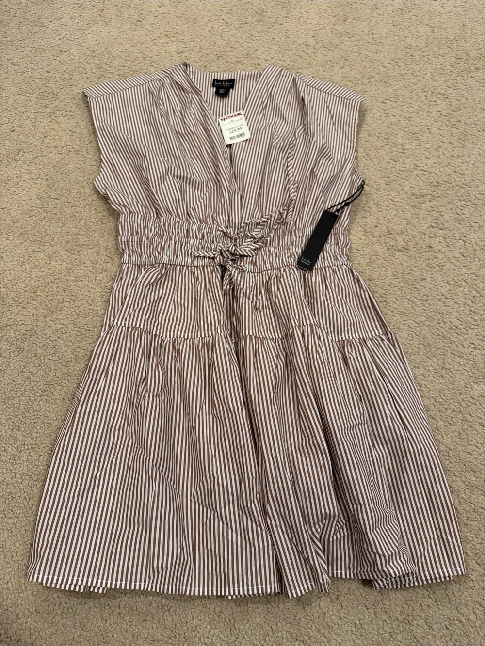 *NWT Brown and White Striped Tiered Tie Front Midi Dress